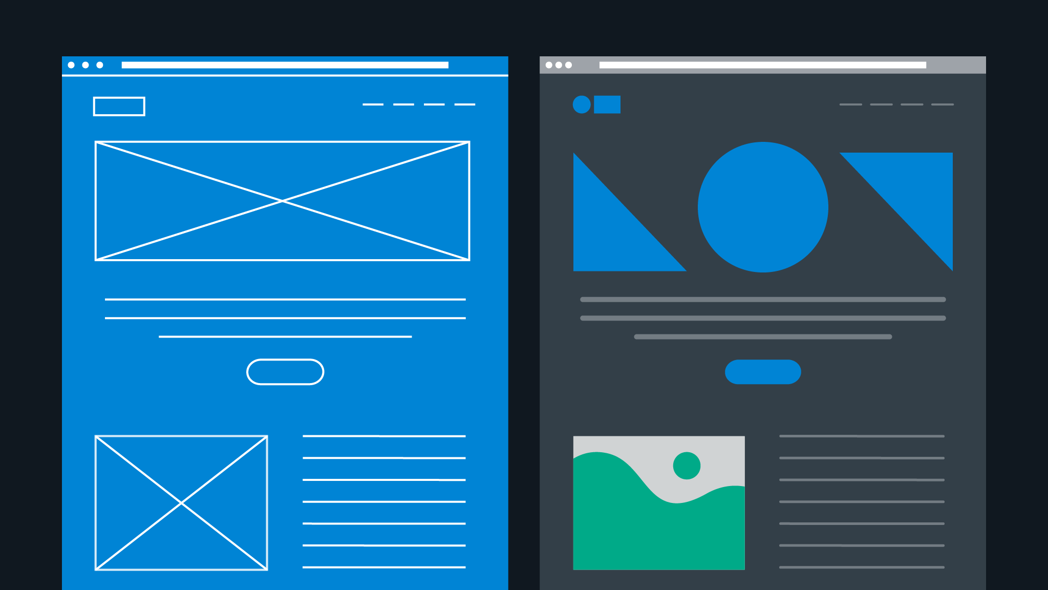 An illustration of wireframes next to a completed web design 