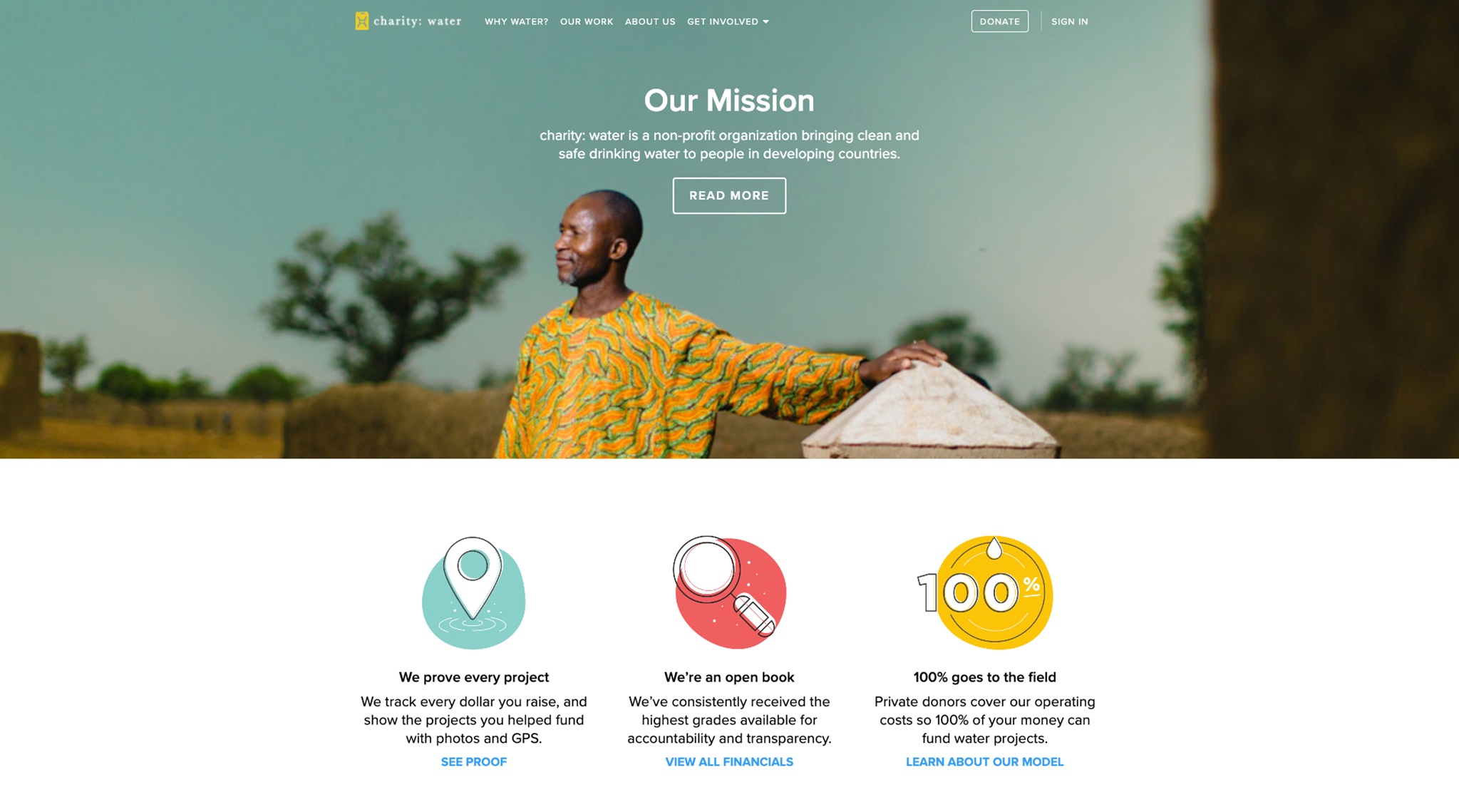 Screenshot of Charity:water, a nonprofit website