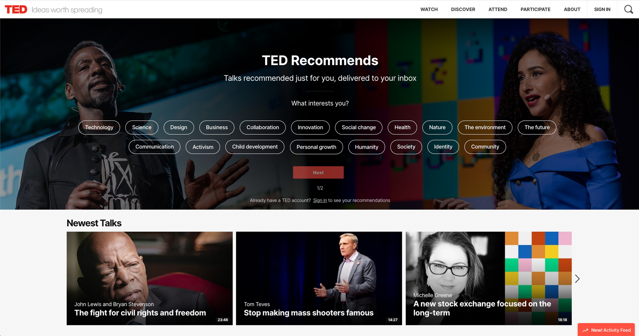 Screenshot of TED, a nonprofit website