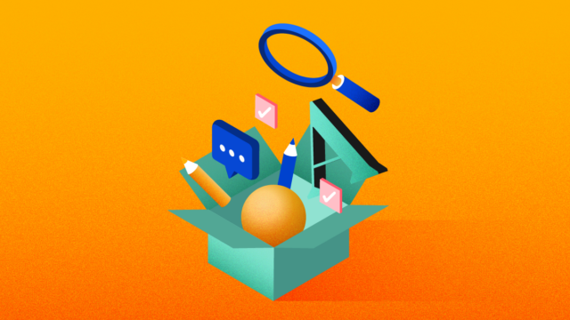 Illustration of magnifying glass and pencils floating out of a box