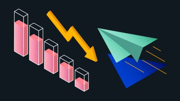 Graphic with descending bar chart, arrow, and paper airplane
